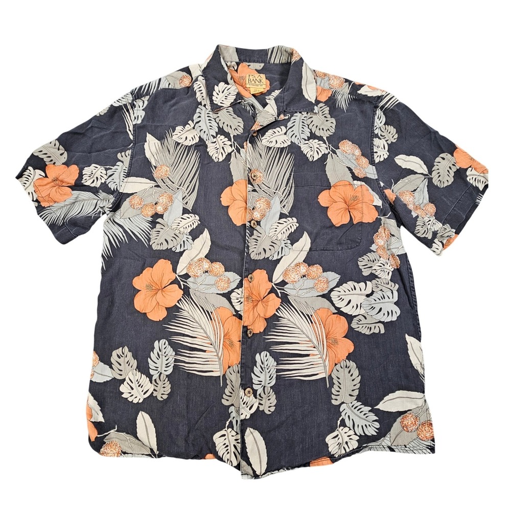 Jos. A. Bank Camp Shirt Mens Medium 100% Silk Tropical Hibiscus Navy Orange M